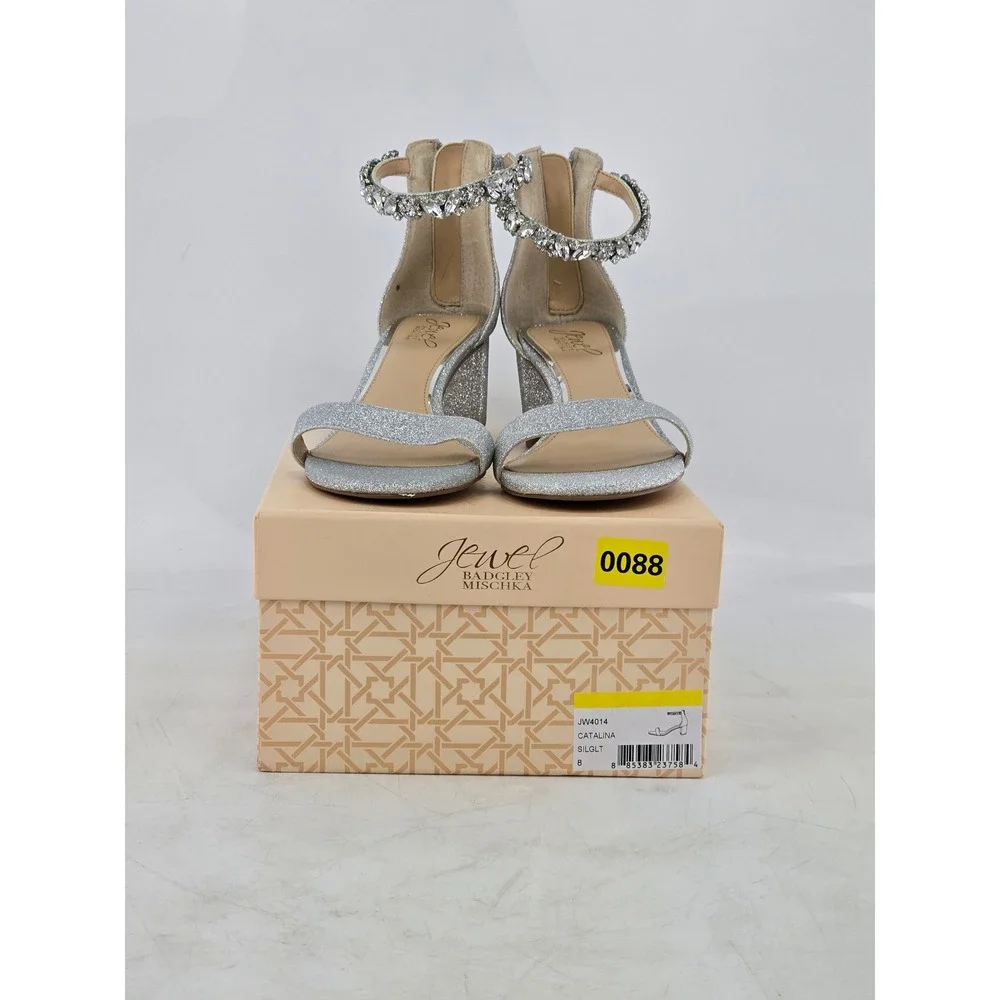 Jewel Badgley Mischka Catalina Heels Womens 8 Silver Glitter Crystal - NEW